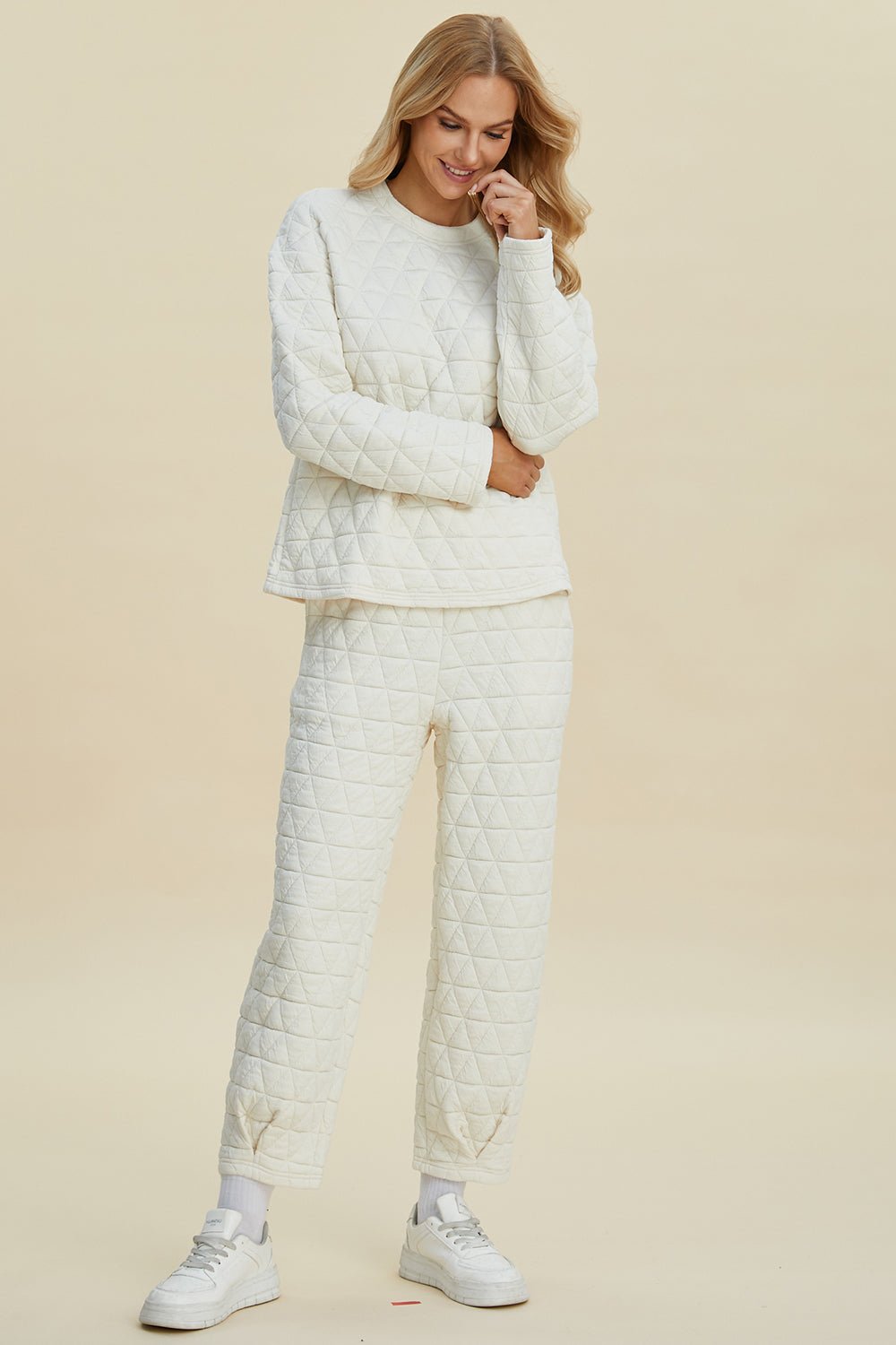 Double Take Full Size Texture Round Neck Long Sleeve Top and Pants Set - Bella Blue Styles