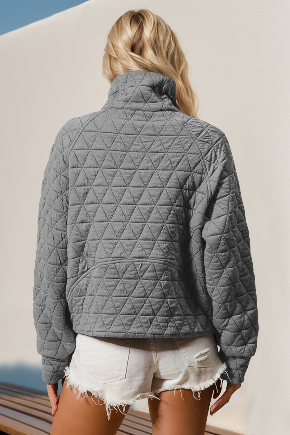 Double Take Half Zip Long Sleeve Quilted Sweatshirt with Pocket - Bella Blue Styles