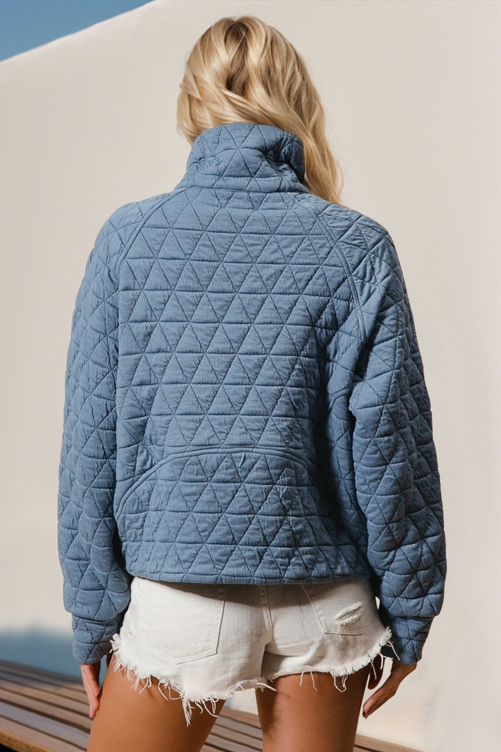 Double Take Half Zip Long Sleeve Quilted Sweatshirt with Pocket - Bella Blue Styles