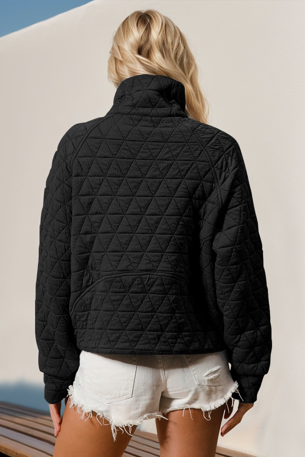 Double Take Half Zip Long Sleeve Quilted Sweatshirt with Pocket - Bella Blue Styles