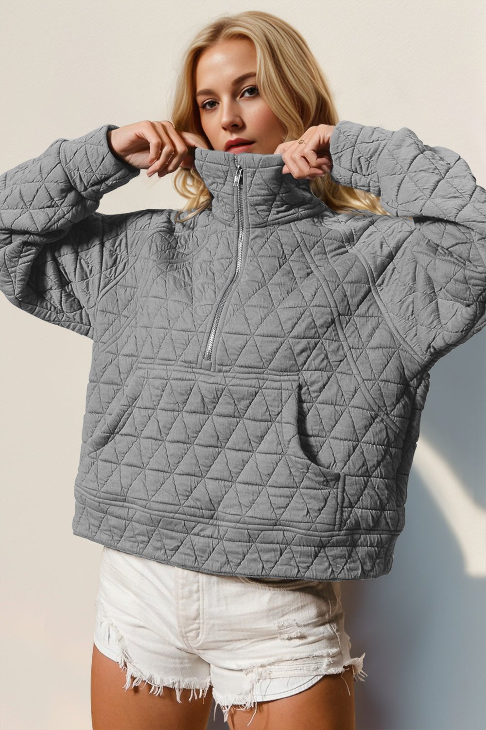 Double Take Half Zip Long Sleeve Quilted Sweatshirt with Pocket - Bella Blue Styles