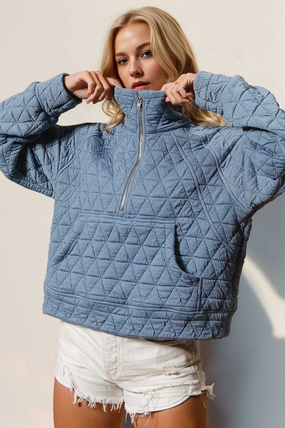 Double Take Half Zip Long Sleeve Quilted Sweatshirt with Pocket - Bella Blue Styles