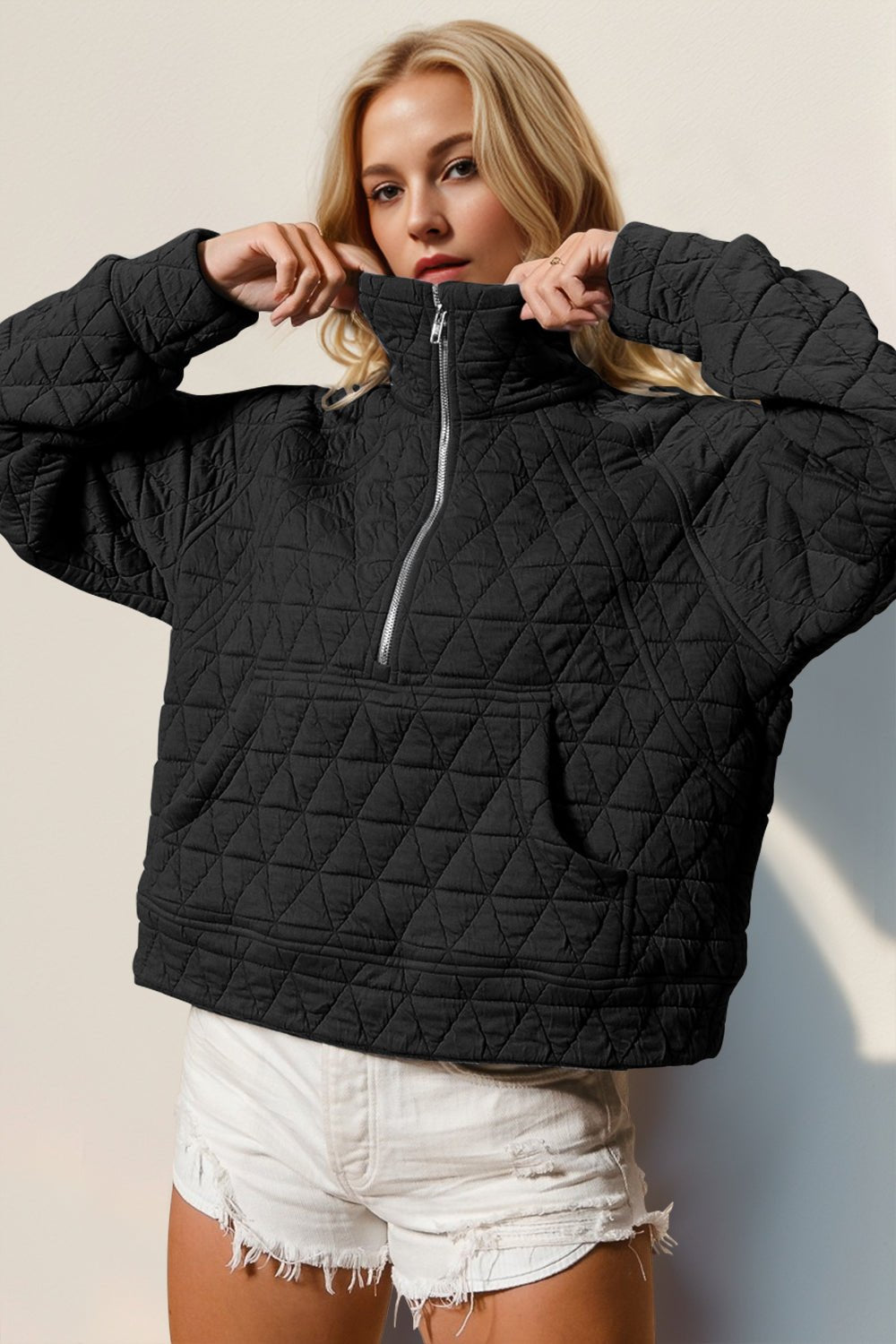 Double Take Half Zip Long Sleeve Quilted Sweatshirt with Pocket - Bella Blue Styles