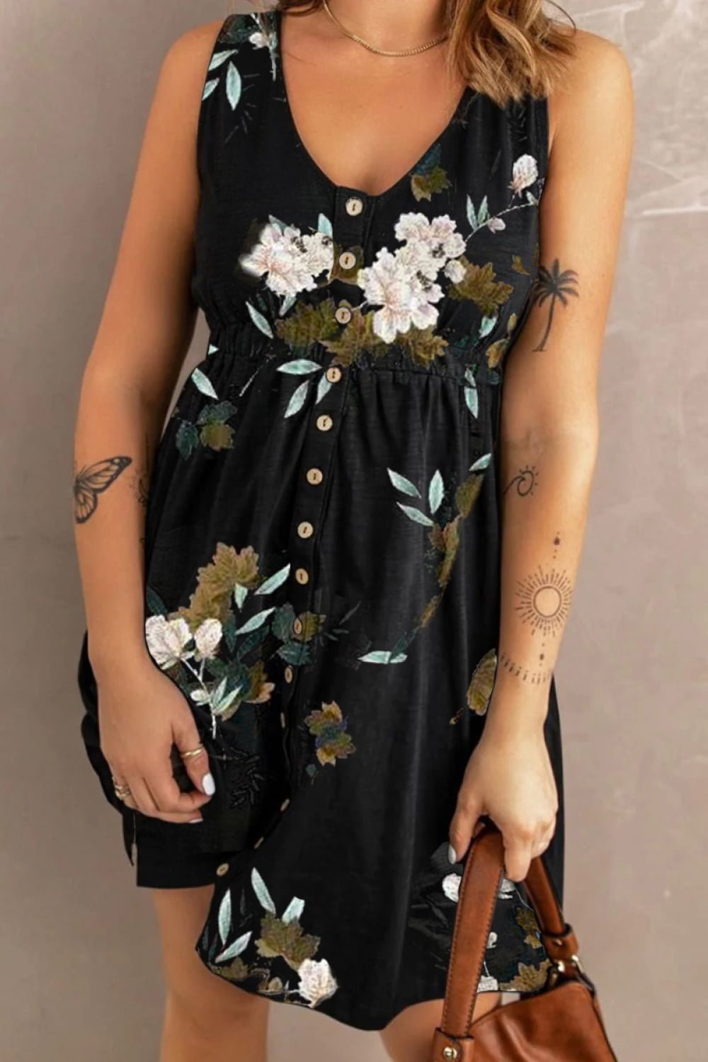Double Take Printed Scoop Neck Sleeveless Buttoned Magic Dress with Pockets - Bella Blue Styles