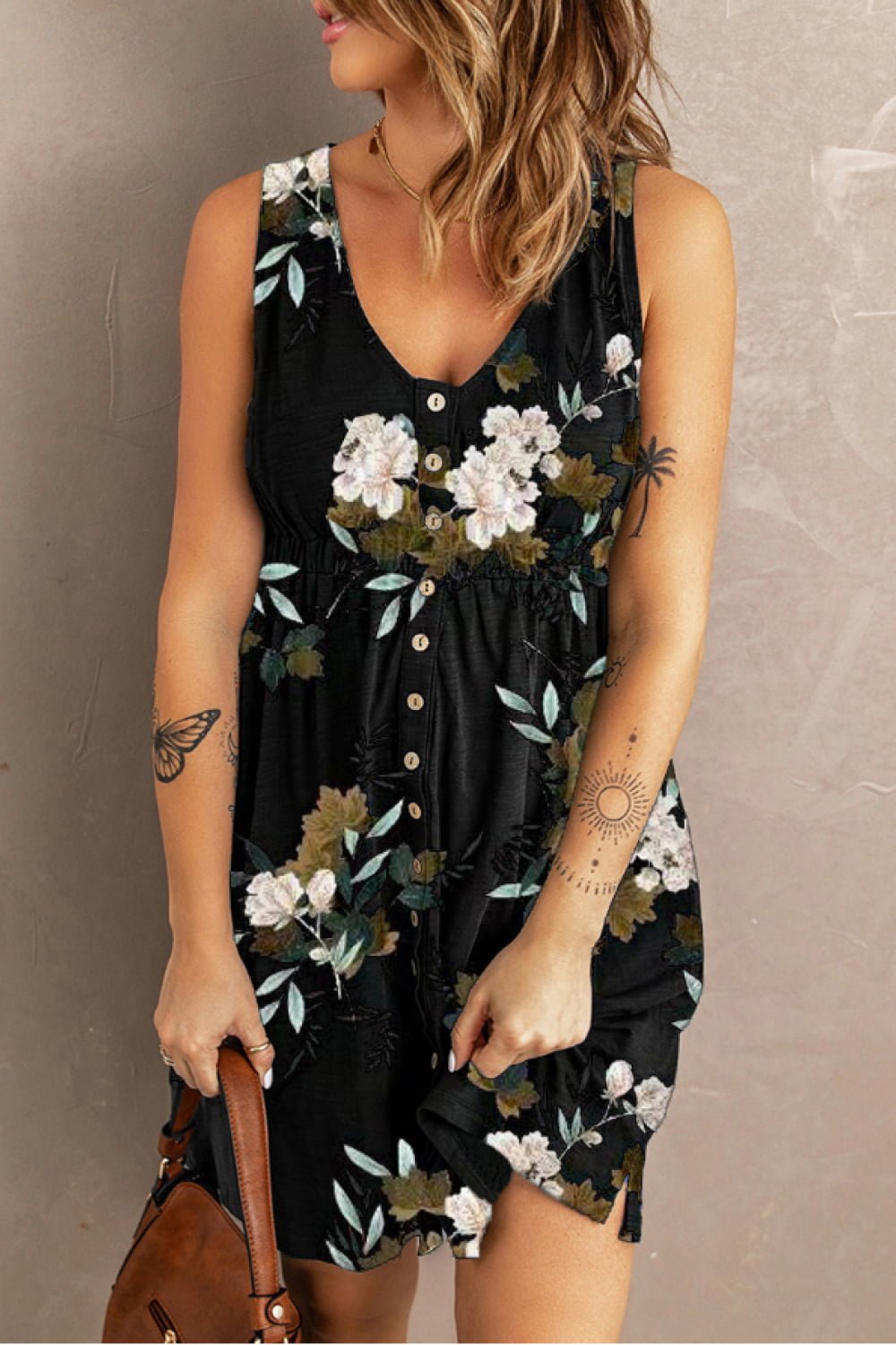 Double Take Printed Scoop Neck Sleeveless Buttoned Magic Dress with Pockets - Bella Blue Styles