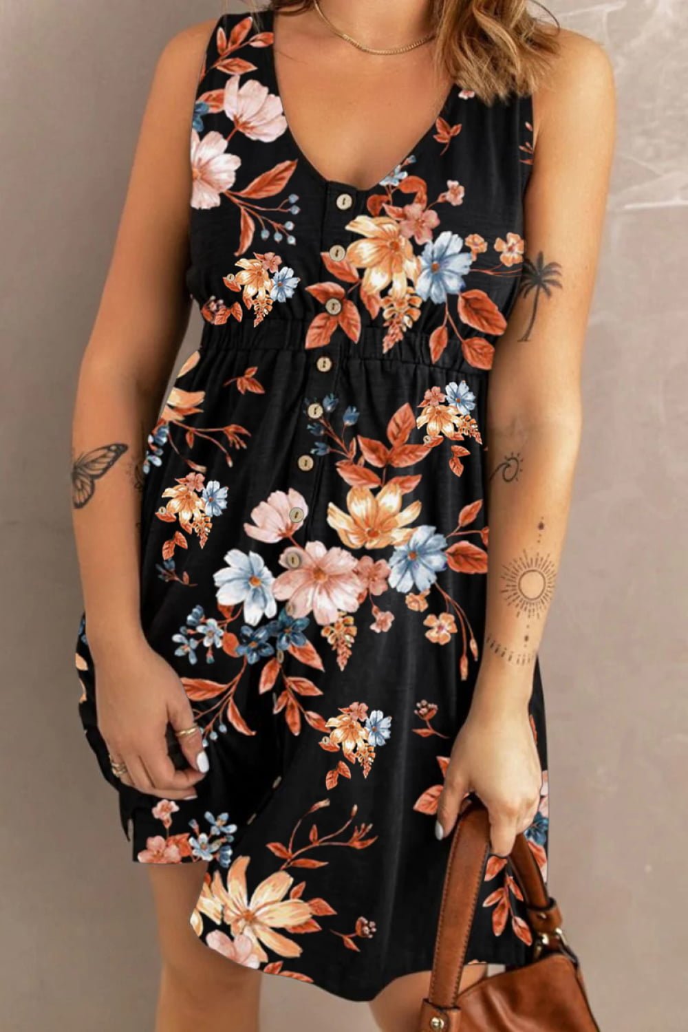 Double Take Printed Scoop Neck Sleeveless Buttoned Magic Dress with Pockets - Bella Blue Styles