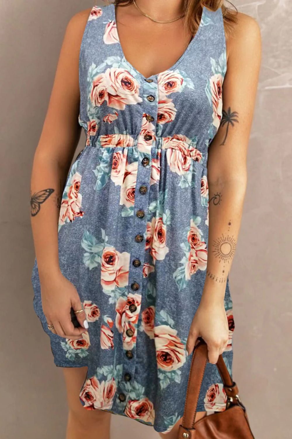 Double Take Printed Scoop Neck Sleeveless Buttoned Magic Dress with Pockets - Bella Blue Styles
