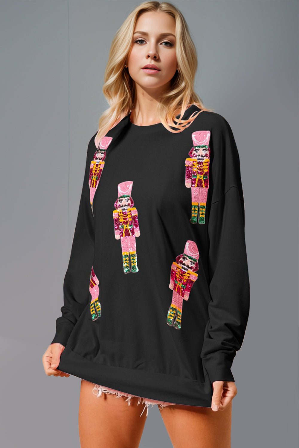 Double Take Sequin Nutcracker Round Neck Long Sleeve Sweatshirt - Bella Blue Styles