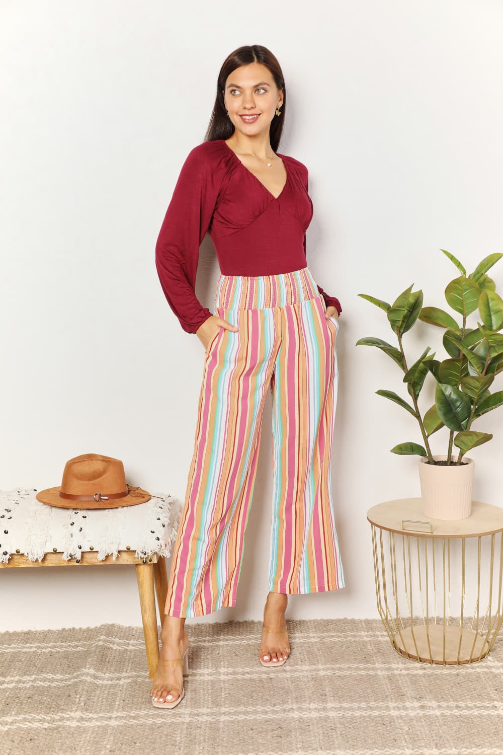 Double Take Striped Smocked Waist Pants with Pockets - Bella Blue Styles