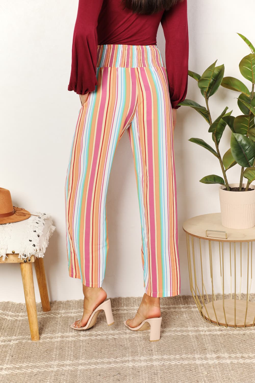 Double Take Striped Smocked Waist Pants with Pockets - Bella Blue Styles