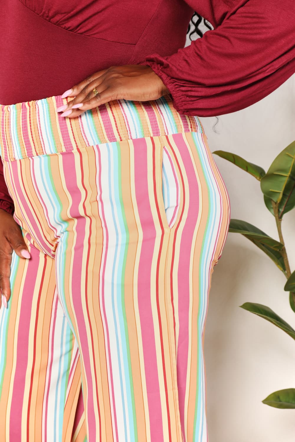 Double Take Striped Smocked Waist Pants with Pockets - Bella Blue Styles