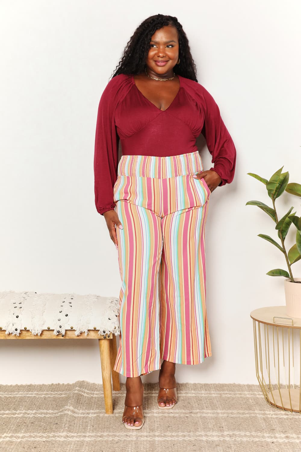 Double Take Striped Smocked Waist Pants with Pockets - Bella Blue Styles