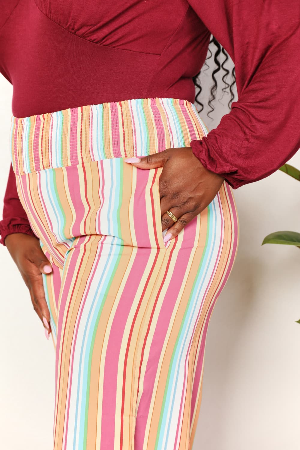 Double Take Striped Smocked Waist Pants with Pockets - Bella Blue Styles
