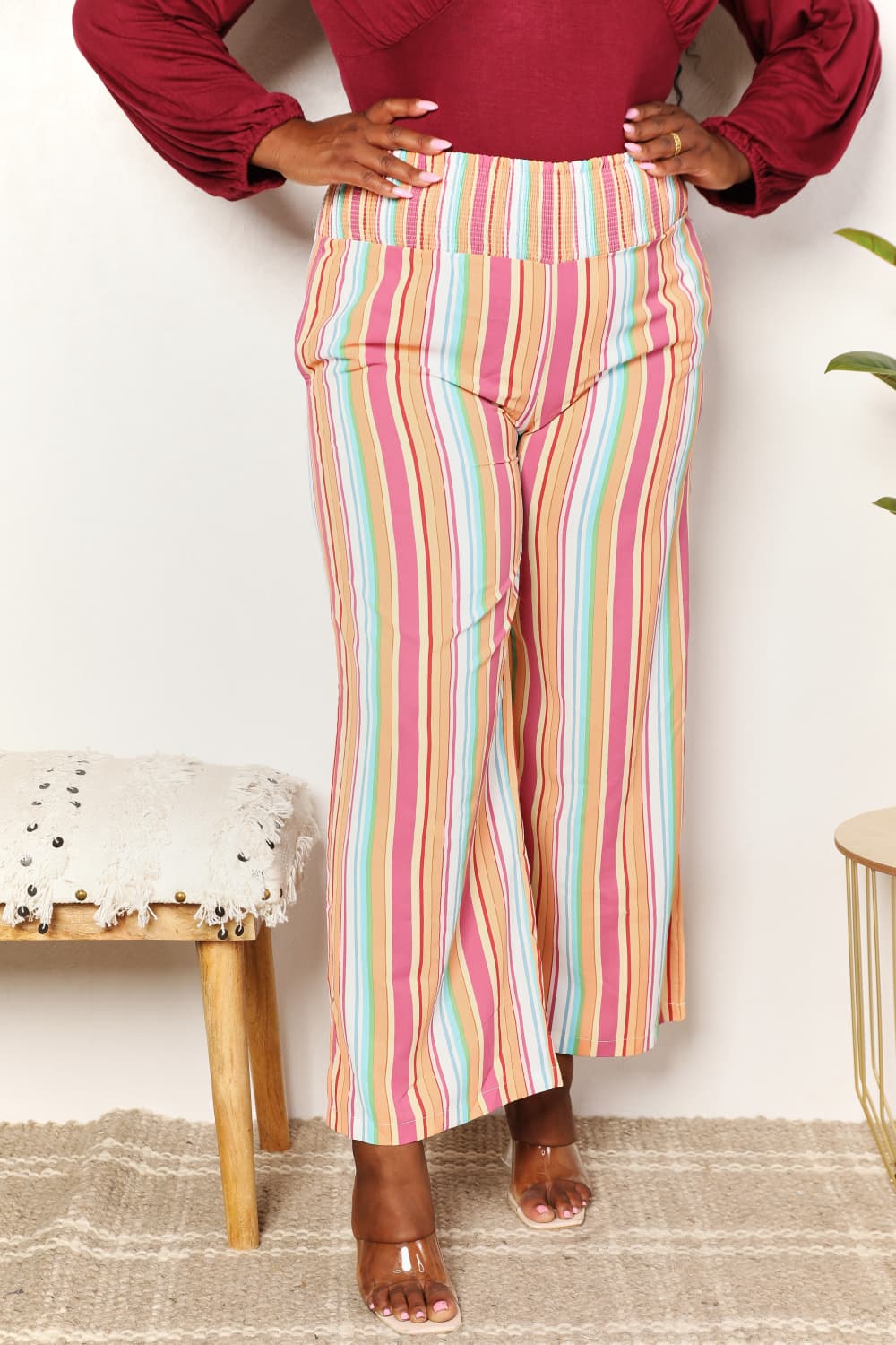 Double Take Striped Smocked Waist Pants with Pockets - Bella Blue Styles