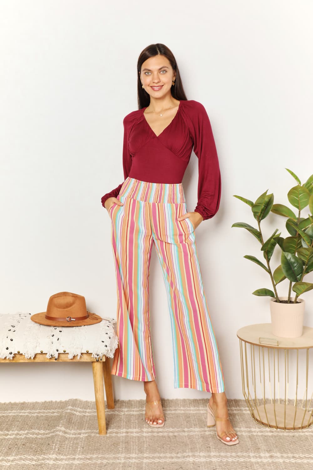 Double Take Striped Smocked Waist Pants with Pockets - Bella Blue Styles