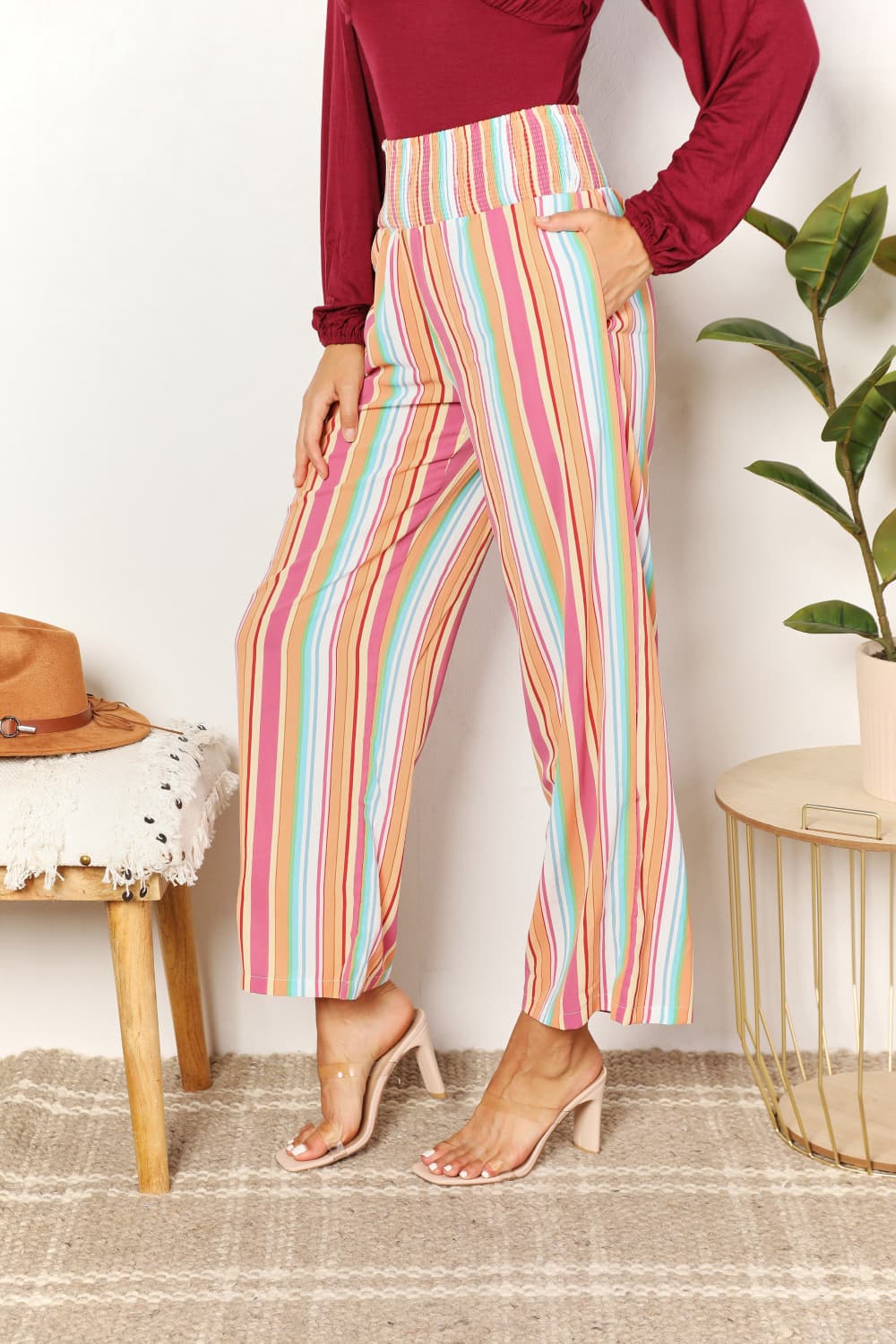 Double Take Striped Smocked Waist Pants with Pockets - Bella Blue Styles