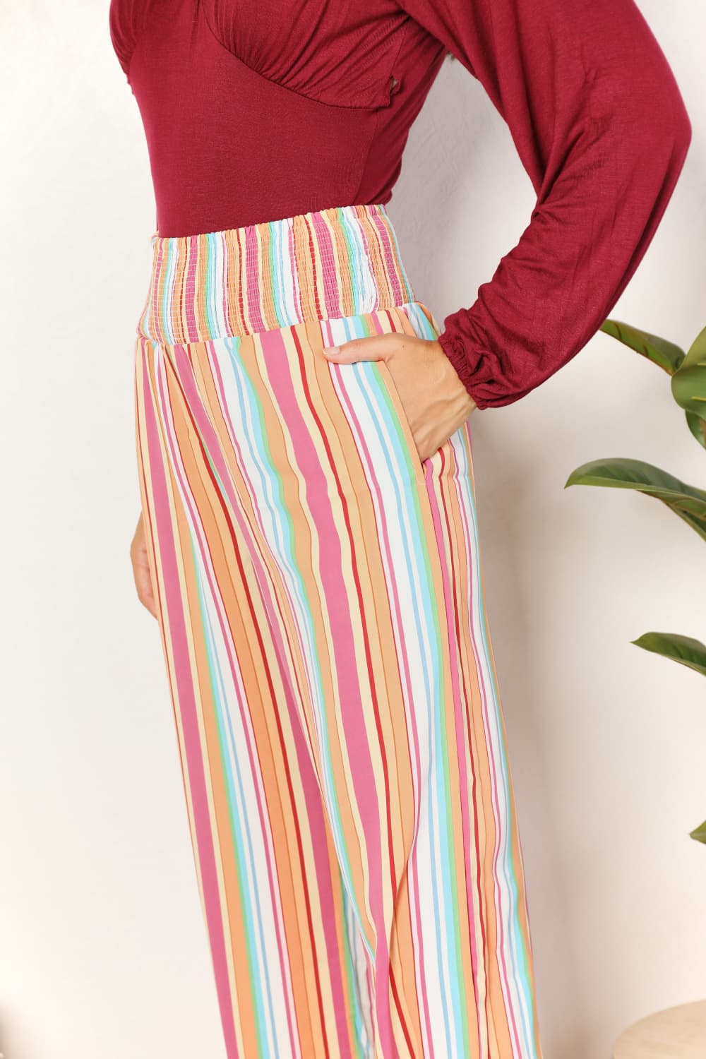 Double Take Striped Smocked Waist Pants with Pockets - Bella Blue Styles