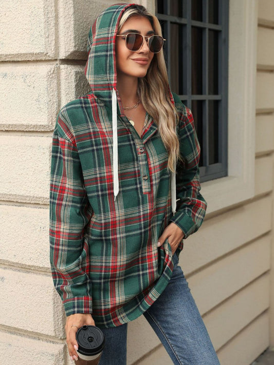 Drawstring Plaid Hooded Long Sleeve Top - Bella Blue Styles