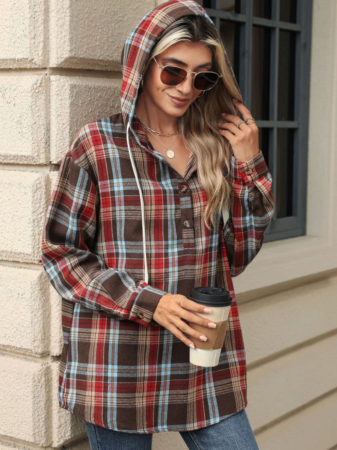 Drawstring Plaid Hooded Long Sleeve Top - Bella Blue Styles