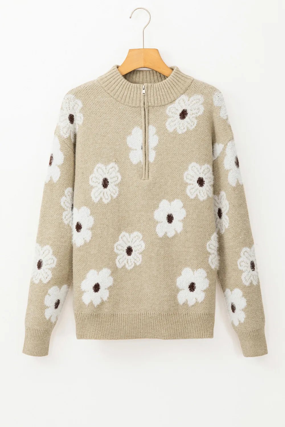 Flower Half Zip Long Sleeve Sweater - Bella Blue Styles