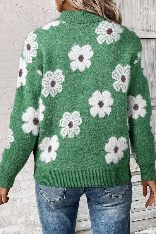 Flower Half Zip Long Sleeve Sweater - Bella Blue Styles