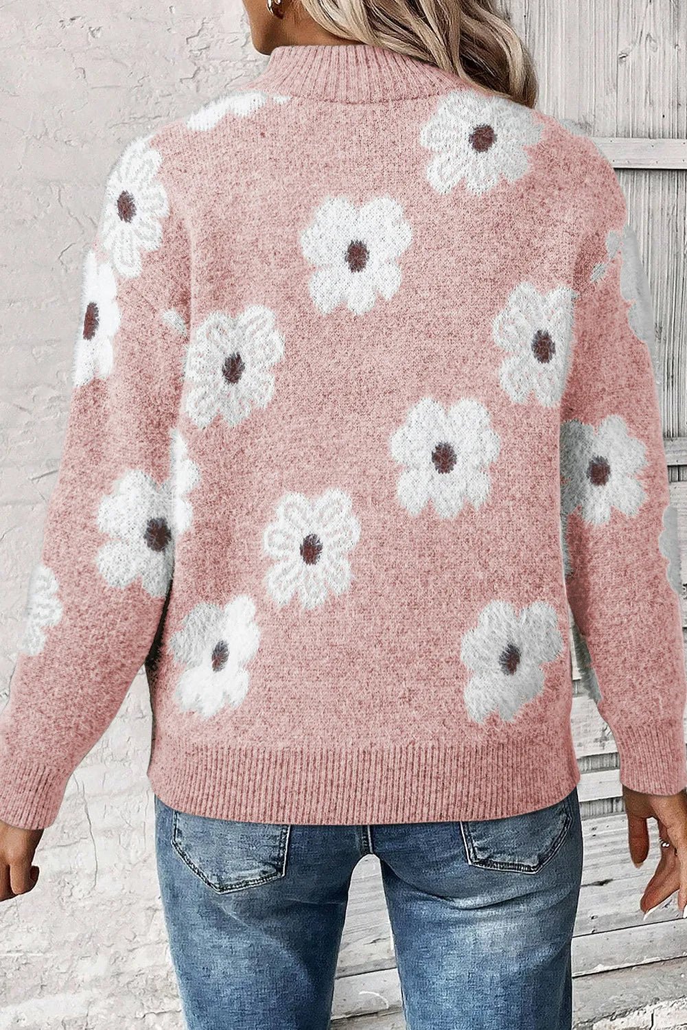 Flower Half Zip Long Sleeve Sweater - Bella Blue Styles