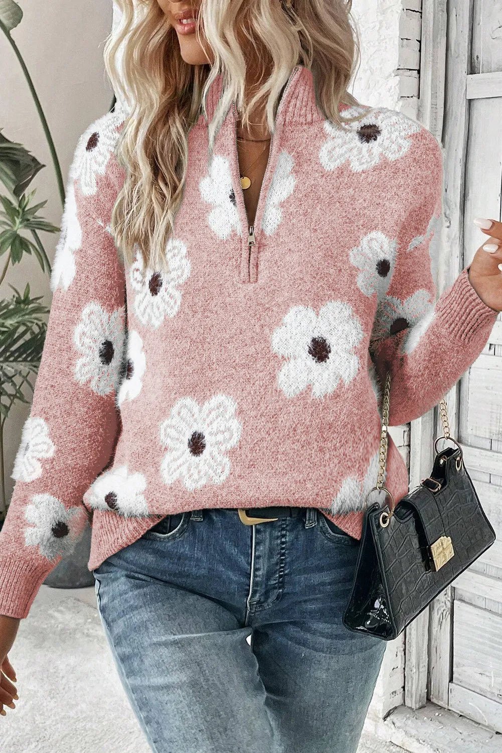 Flower Half Zip Long Sleeve Sweater - Bella Blue Styles