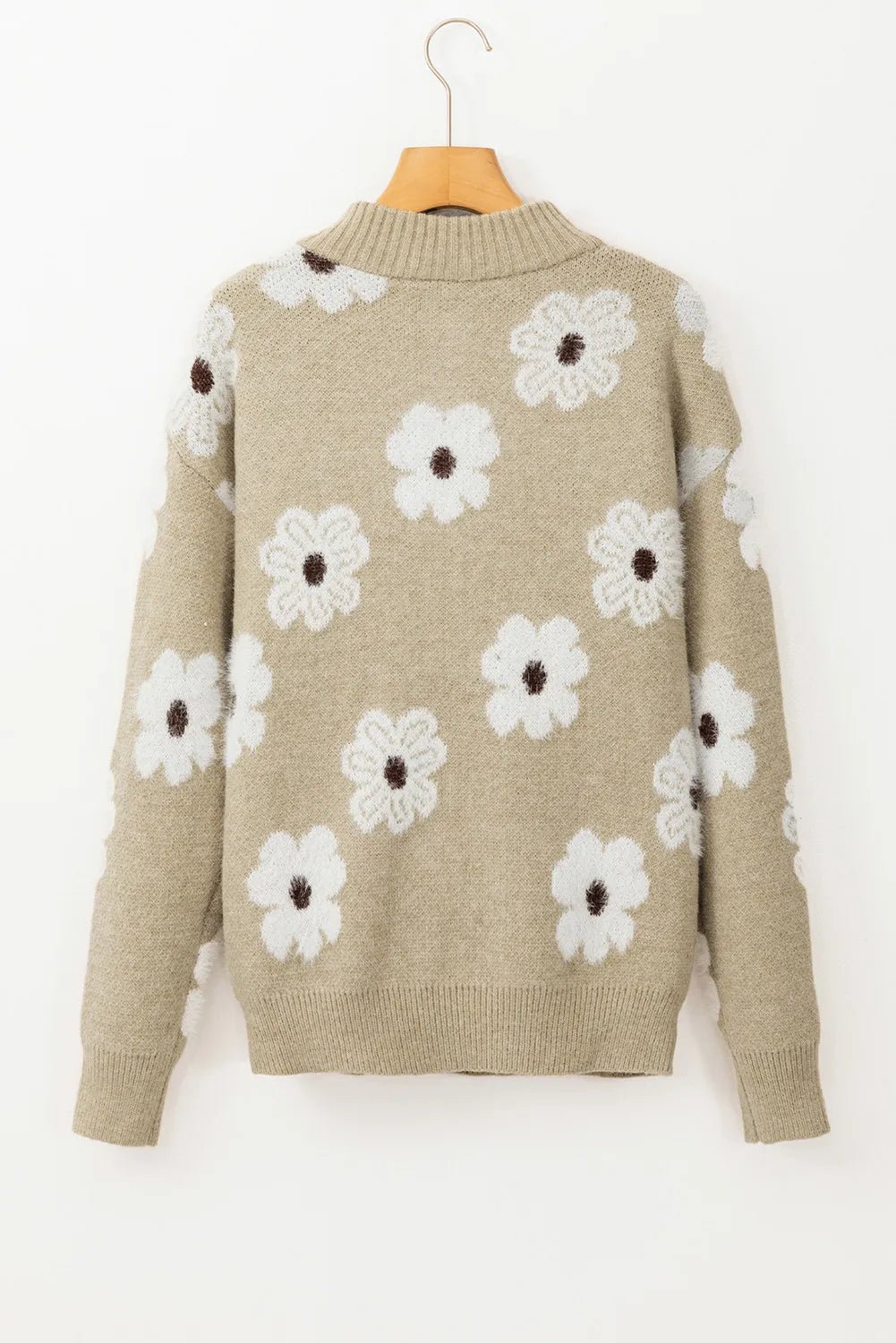 Flower Half Zip Long Sleeve Sweater - Bella Blue Styles