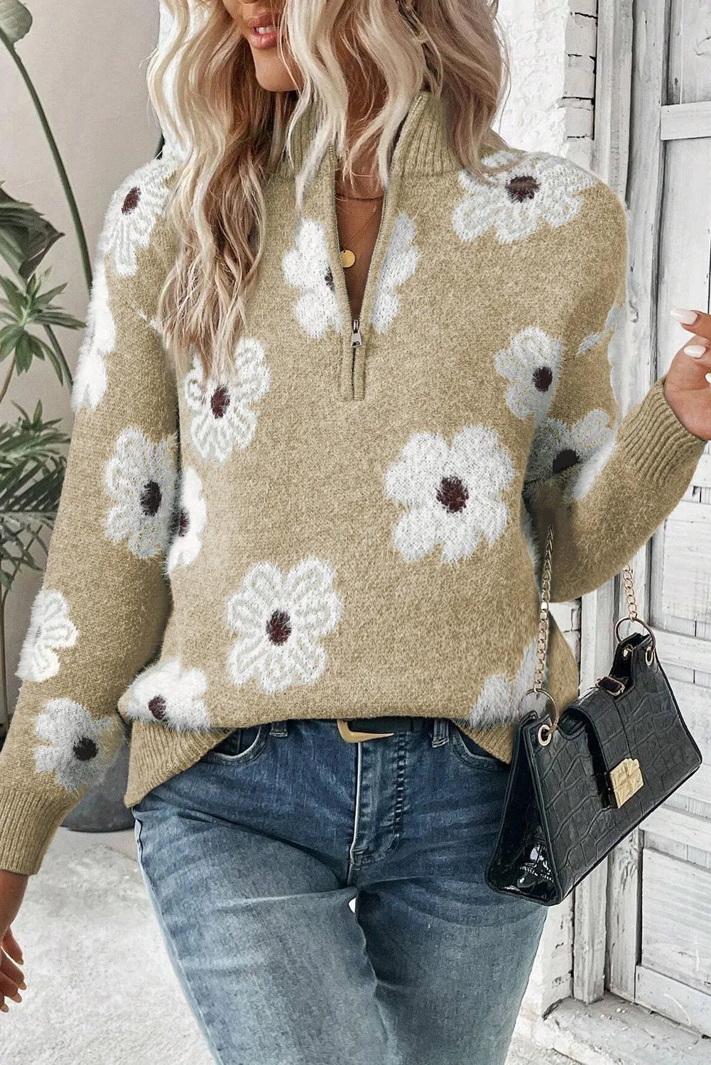 Flower Half Zip Long Sleeve Sweater - Bella Blue Styles
