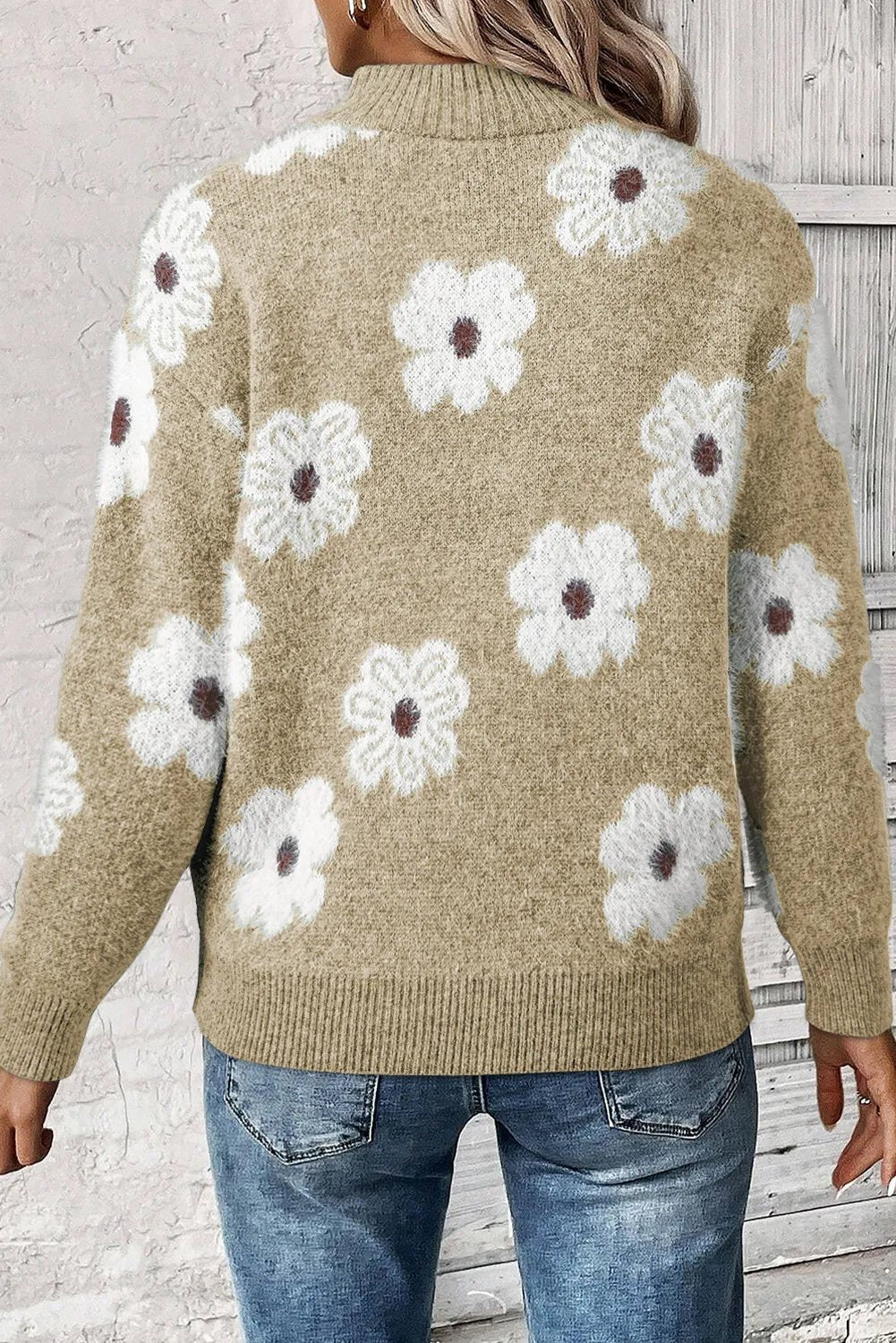 Flower Half Zip Long Sleeve Sweater - Bella Blue Styles