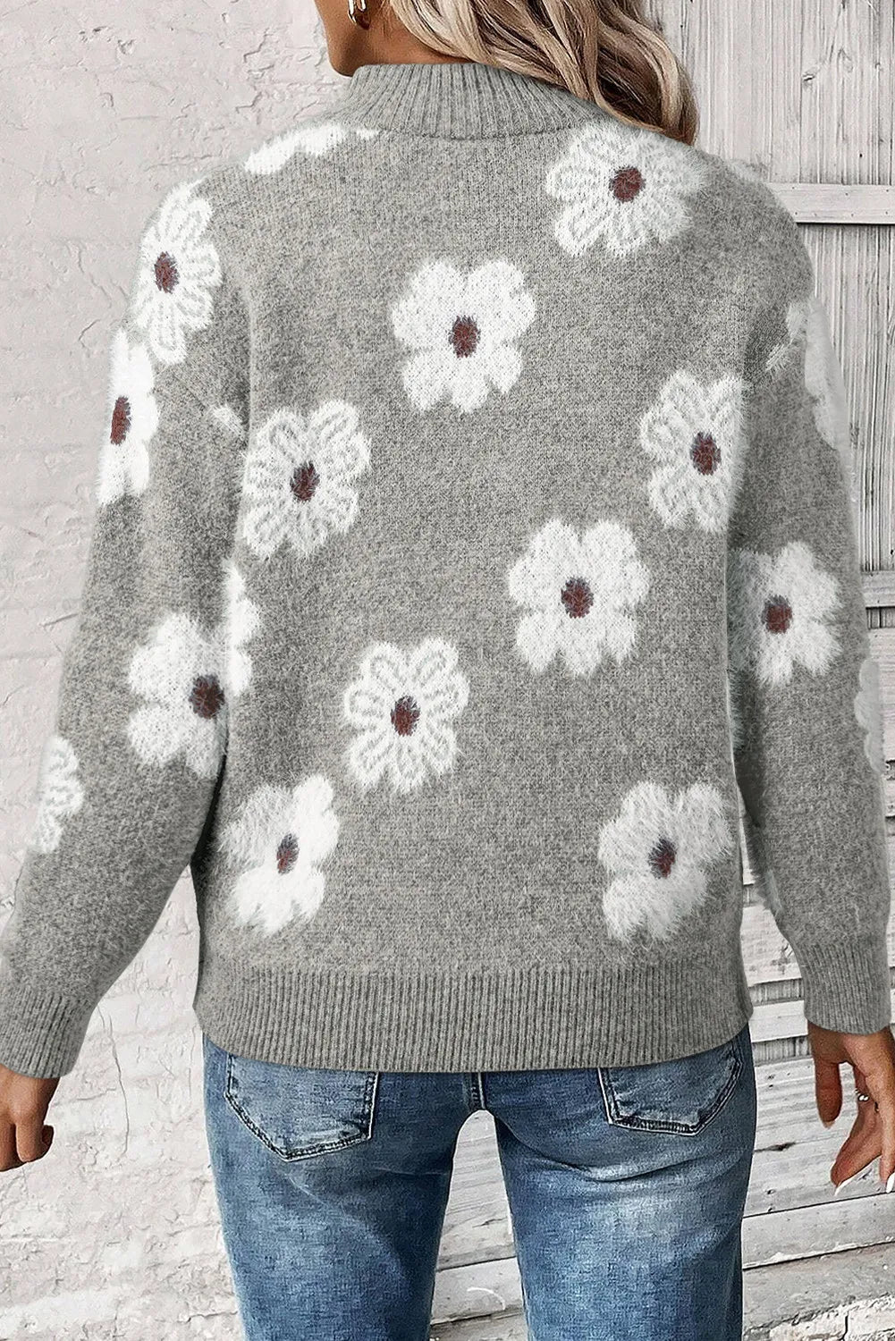 Flower Half Zip Long Sleeve Sweater - Bella Blue Styles