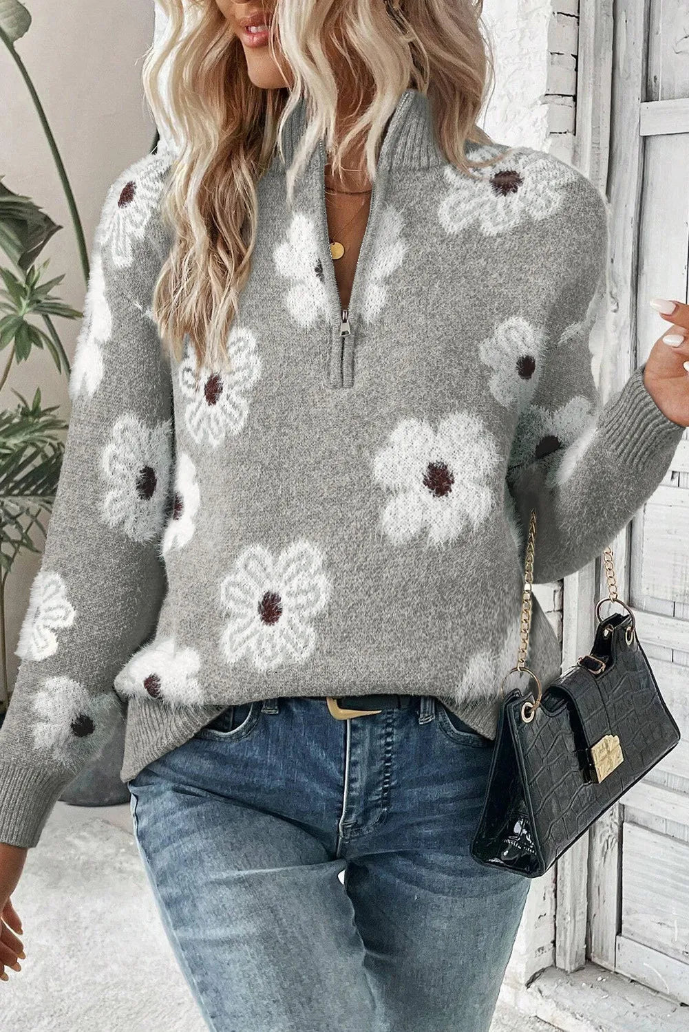 Flower Half Zip Long Sleeve Sweater - Bella Blue Styles