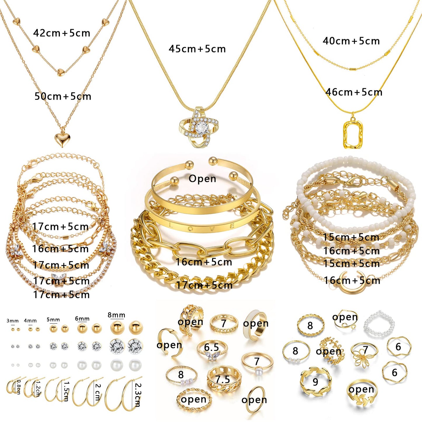 IFKM Gold Plated Jewelry Set with 5 PCS Necklace, 14 PCS Bracelet, 20 Pairs Earring, 20 PCS Knuckle Rings for Women Valentine Anniversary Birthday Friendship Gift - Bella Blue Styles