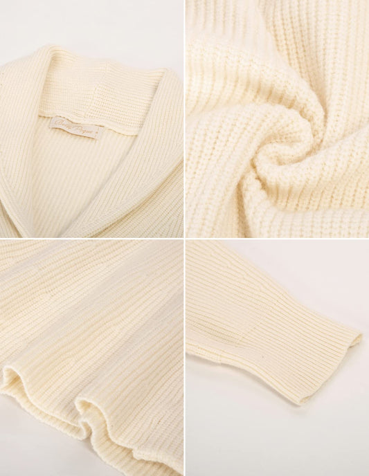 Ladies Shawl Collar Cardigan Sweater Long Sleeve Office Sweater Turn Down Collar Cardigan (Ivorywn, XL) - Bella Blue Styles