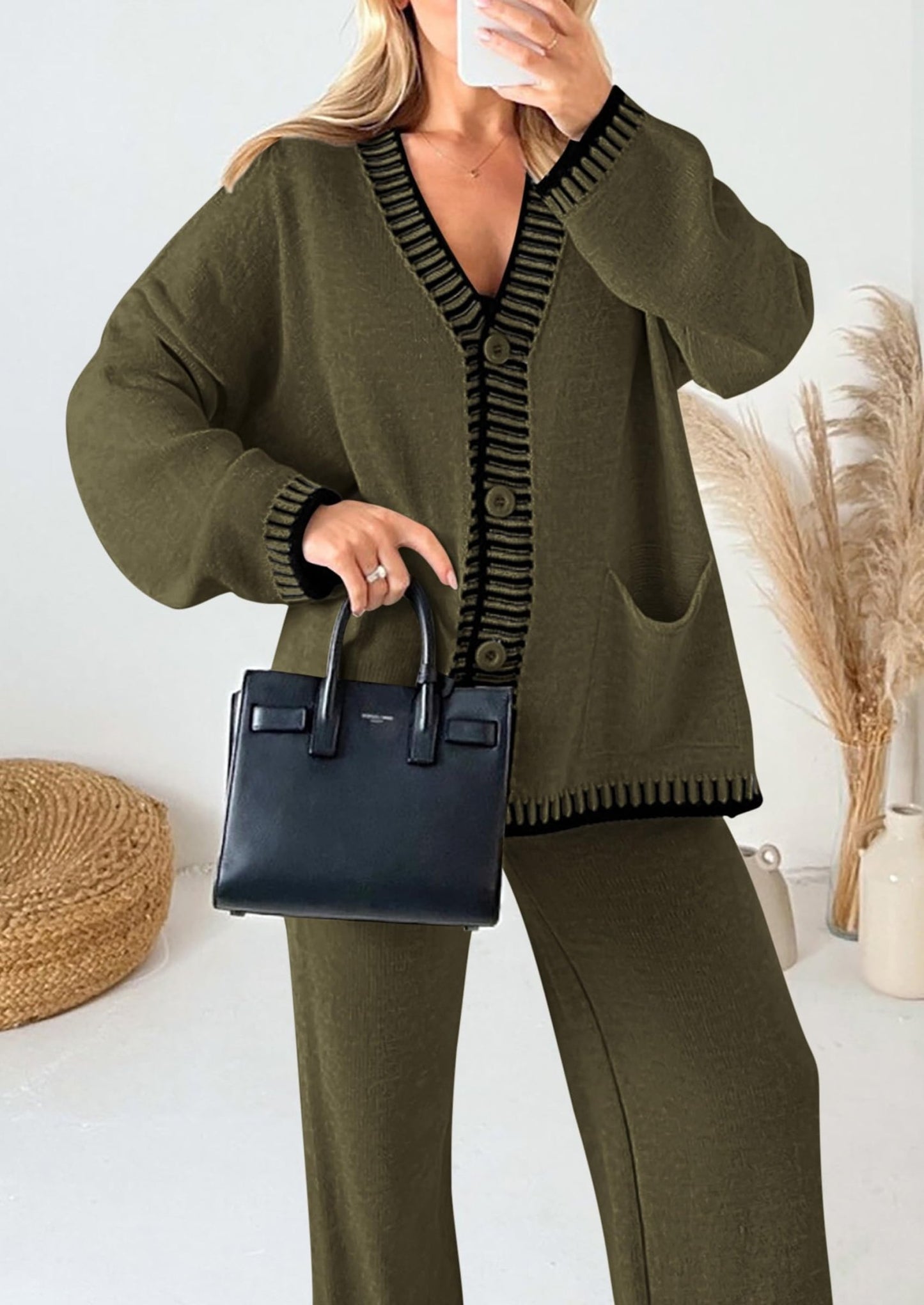 PRETTYGARDEN Women's 2 Piece Outfits Knit Matching Lounge Sets Long Sleeve V Neck Cardigan Sweaters Wide Leg Pants Tracksuits (Khaki Green,Small) - Bella Blue Styles