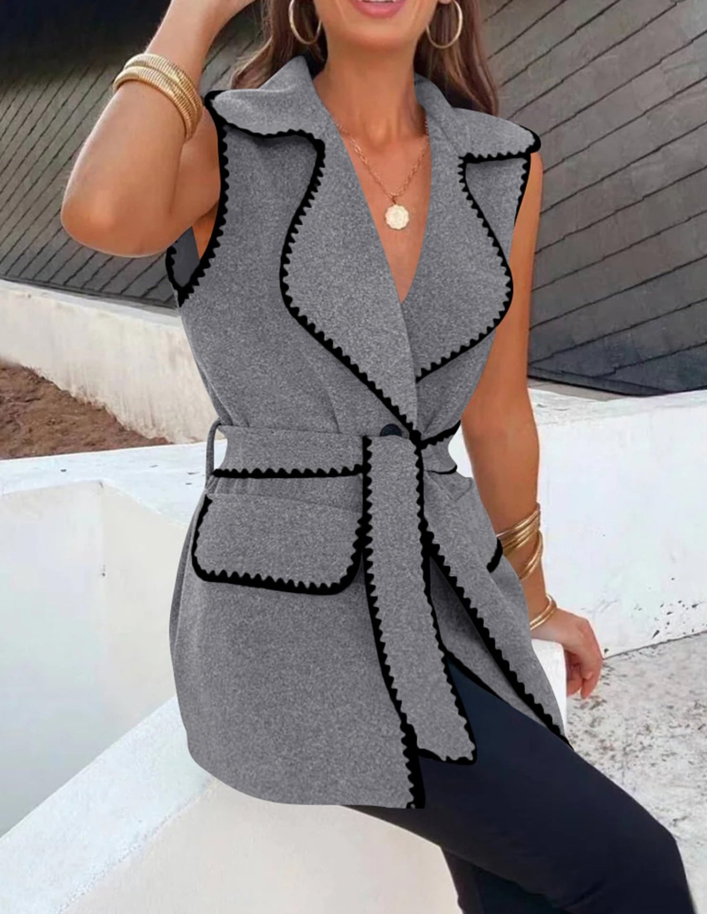 PRETTYGARDEN Women's 2024 Fall Tweed Vest Jackets Sleeveless Lapel Button Front Belt Color Block Winter Cardigan Outerwear (Dark Grey,X - Large) - Bella Blue Styles