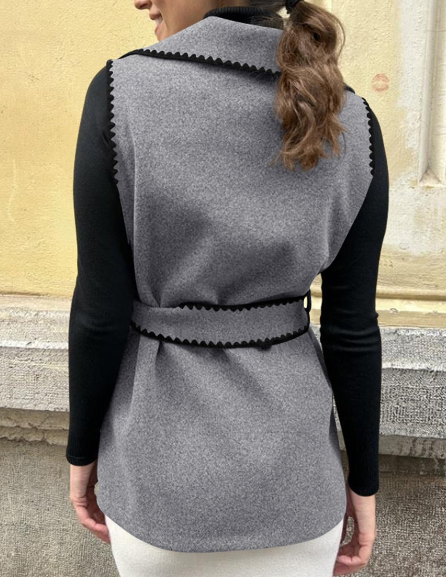 PRETTYGARDEN Women's 2024 Fall Tweed Vest Jackets Sleeveless Lapel Button Front Belt Color Block Winter Cardigan Outerwear (Dark Grey,X - Large) - Bella Blue Styles