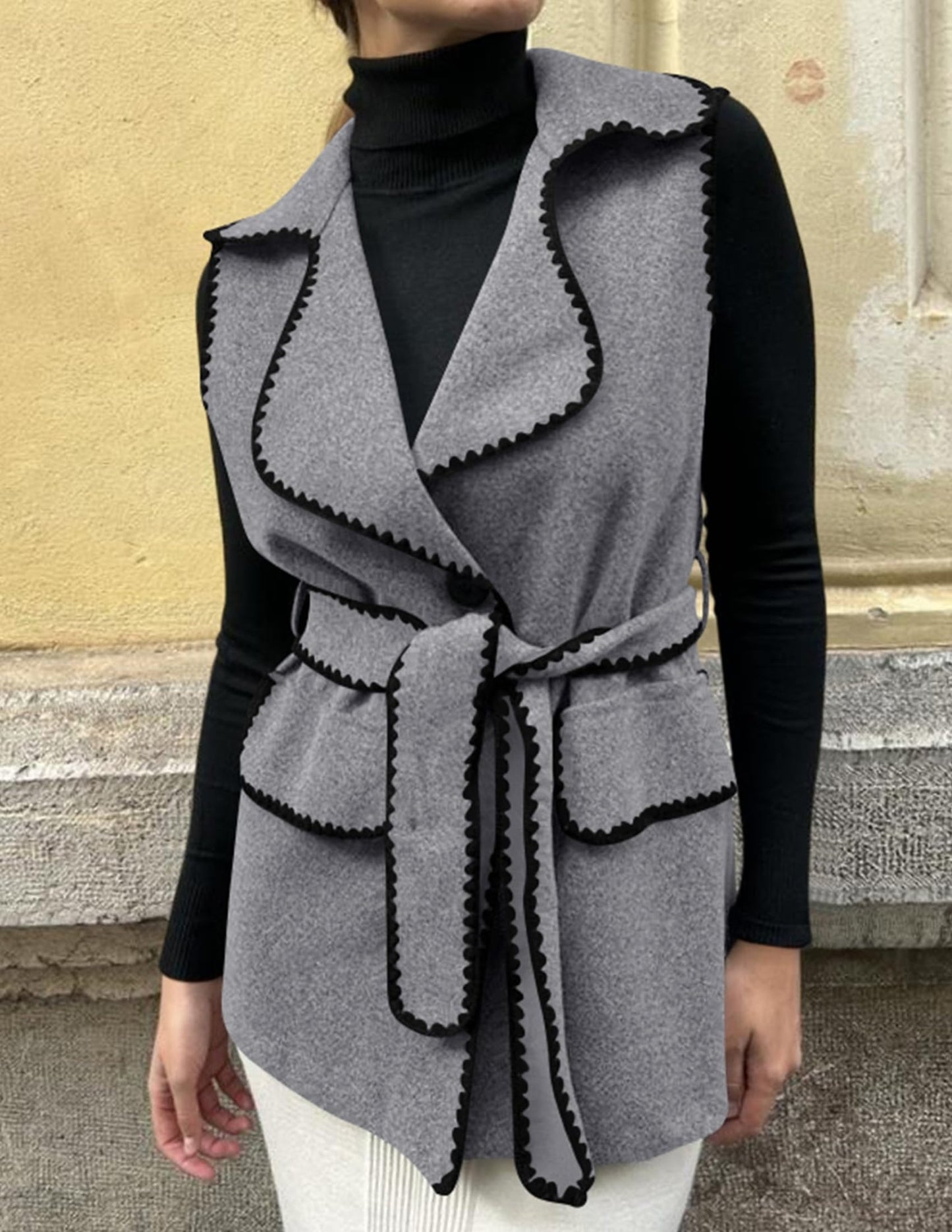 PRETTYGARDEN Women's 2024 Fall Tweed Vest Jackets Sleeveless Lapel Button Front Belt Color Block Winter Cardigan Outerwear (Dark Grey,X - Large) - Bella Blue Styles