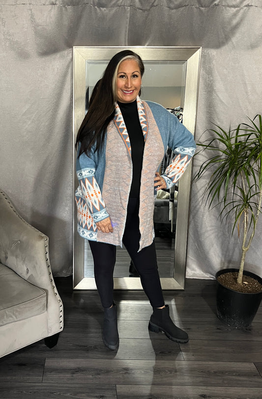 Geometric Open Front Long Sleeve Cardigan