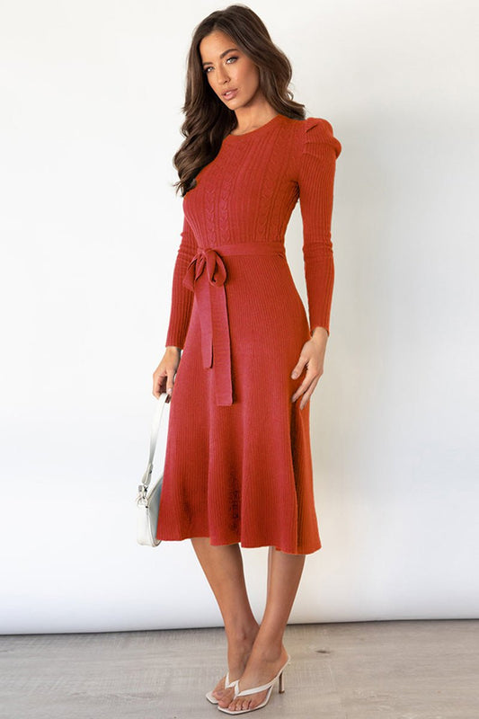 Round Neck Long Sleeve Tie Waist Sweater Dress - Bella Blue Styles