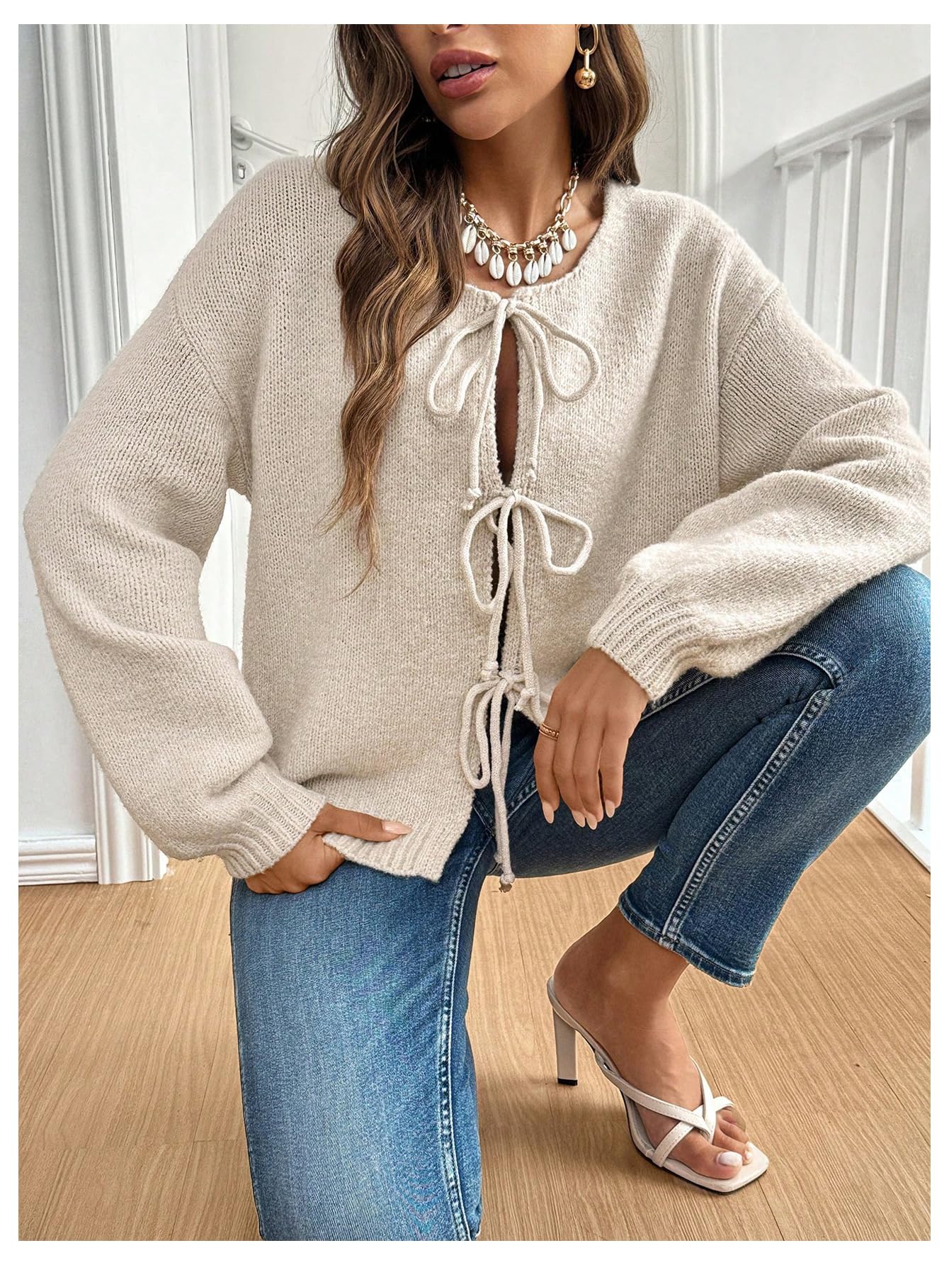 WDIRARA Women's Tie Front Crewneck Knit Cardigan Long Sleeve Drop Shoulder Sweater Apricot Large - Bella Blue Styles