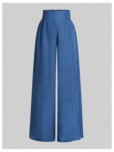 WDIRARA Women's Wide Leg Long Pants Elastic Smocked High Waisted Casual Palazzo Trousers Royal Blue Medium - Bella Blue Styles