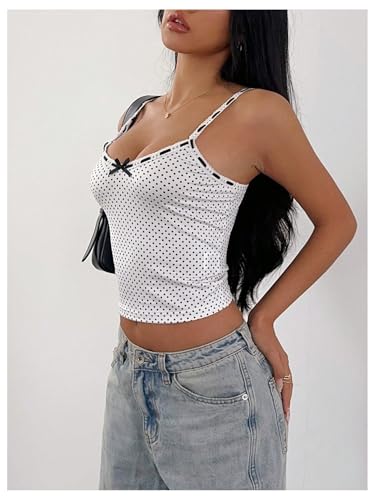 Milumia Women's Polka Dots Spaghetti Strap Crop Camisole Bow Front Slim Backless Cami Tank Tops Streetwear White Small