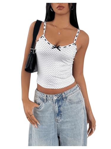 Milumia Women's Polka Dots Spaghetti Strap Crop Camisole Bow Front Slim Backless Cami Tank Tops Streetwear White Small