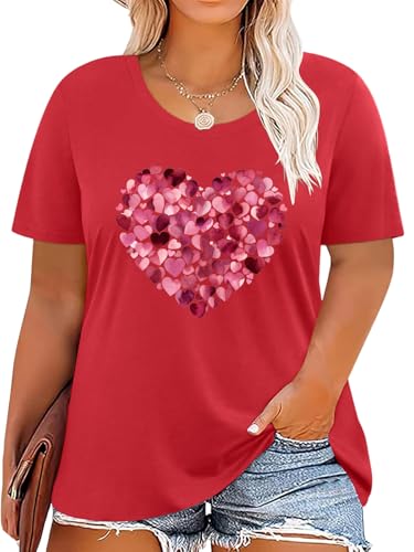 HDLTE Women Plus Size Tops Love Heart Tshirts Plaid Casual Short Sleeve Valentines Day Tee Shirt (Red Pink Heart, 1X)
