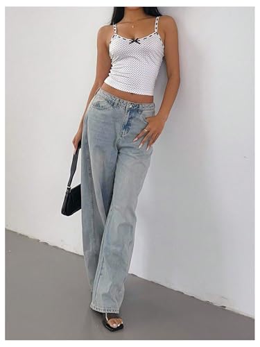 Milumia Women's Polka Dots Spaghetti Strap Crop Camisole Bow Front Slim Backless Cami Tank Tops Streetwear White Small