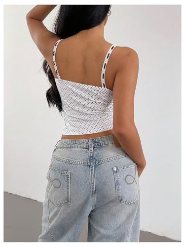 Milumia Women's Polka Dots Spaghetti Strap Crop Camisole Bow Front Slim Backless Cami Tank Tops Streetwear White Small