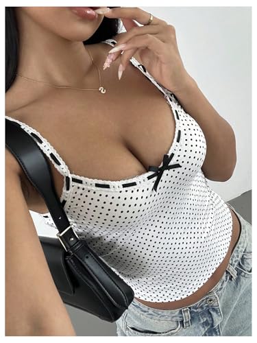 Milumia Women's Polka Dots Spaghetti Strap Crop Camisole Bow Front Slim Backless Cami Tank Tops Streetwear White Small