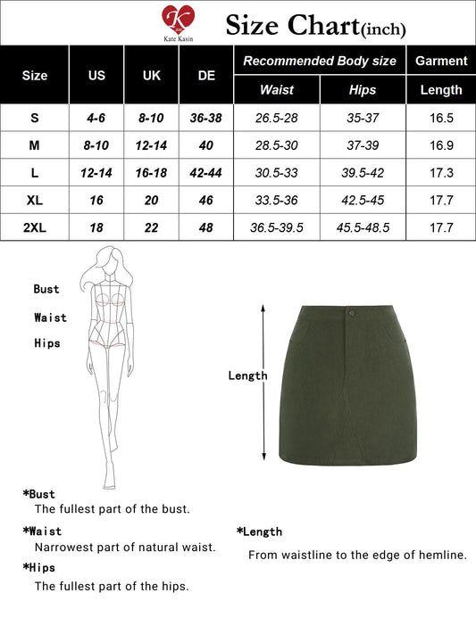 Kate Kasin Brown Fall Skirt Corduroy Mini Skirt for Women High Waist Pencil Skirt with Pockets 2XL