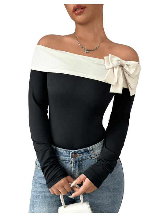 Milumia Women's Colorblock Bow Tie Off Shoulder Long Sleeve Bodysuit Elegant Tops Black and White X-Large